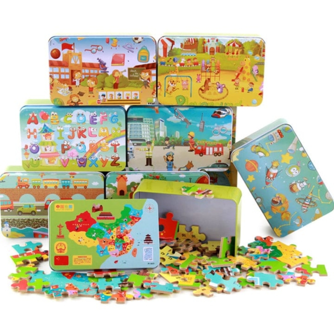 60 Pieces Wooden Puzzle Tin Box