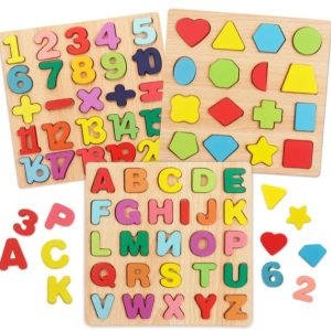 Wooden Alphabet, Number and Shapes Puzzles